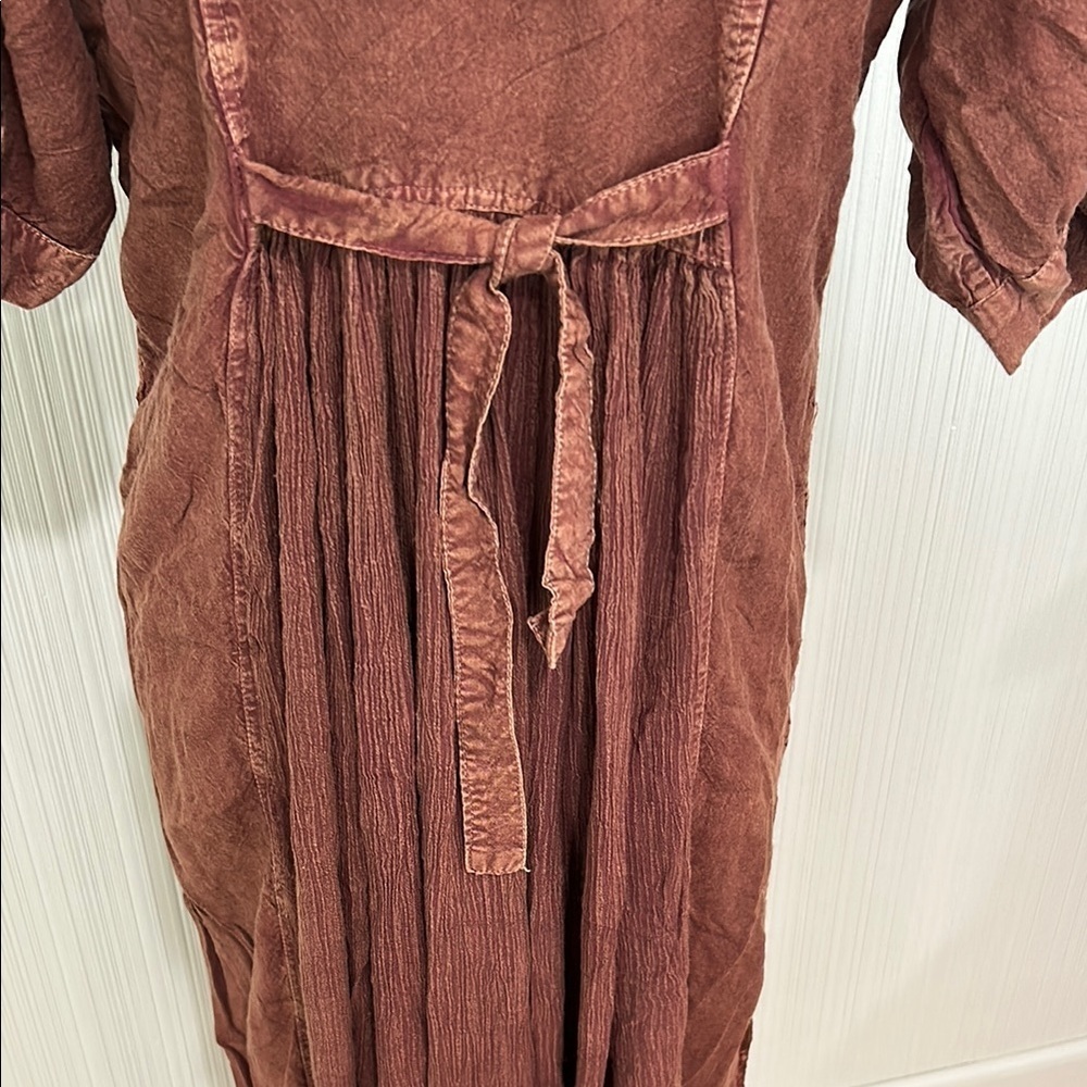 Vintage 90s Boho Bohemian Hippie BrownDress Puff Sleeve Crew Neck - Picture 5 of 11